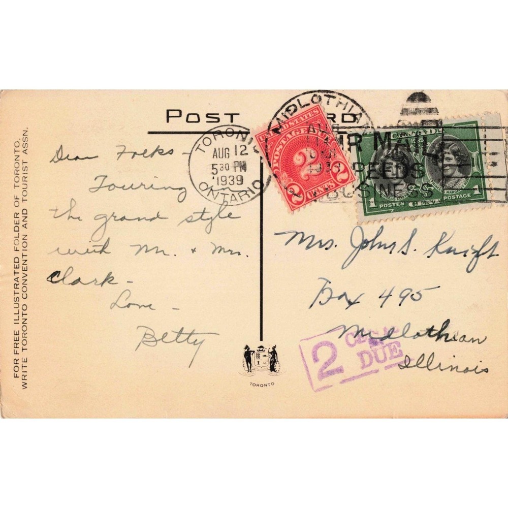 Vintage 1939 Hart House University of Toronto Canada Postcard Postmarked VG - Picture 2 of 2